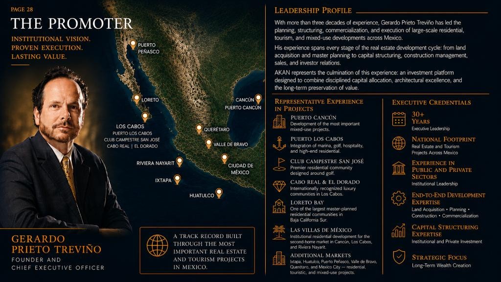 The Promoter — Gerardo Prieto Treviño, Founder and CEO of Akan. Institutional Vision. Proven Execution. Lasting Value.
