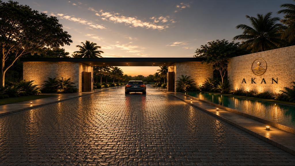 Akan — Private entrance gate at dusk