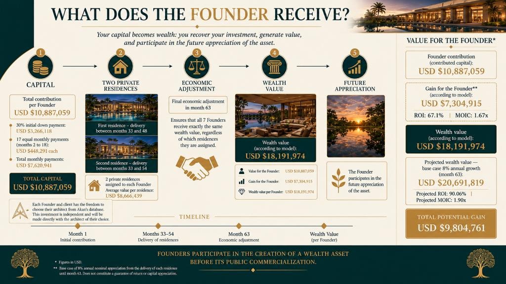 What does the Founder receive — Capital, residences, wealth value